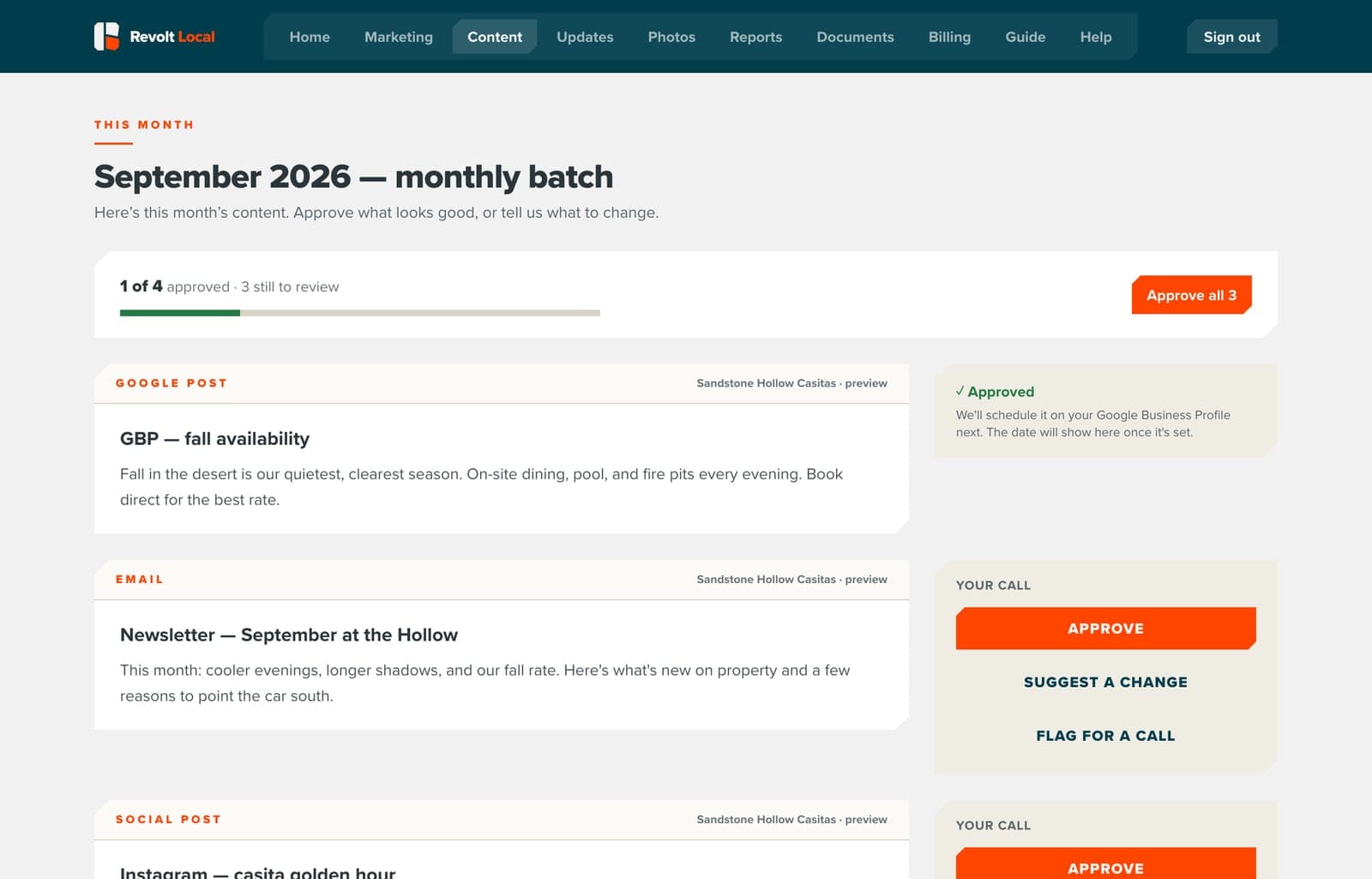 The monthly content screen: each post with Approve, Suggest a change and Flag for a call