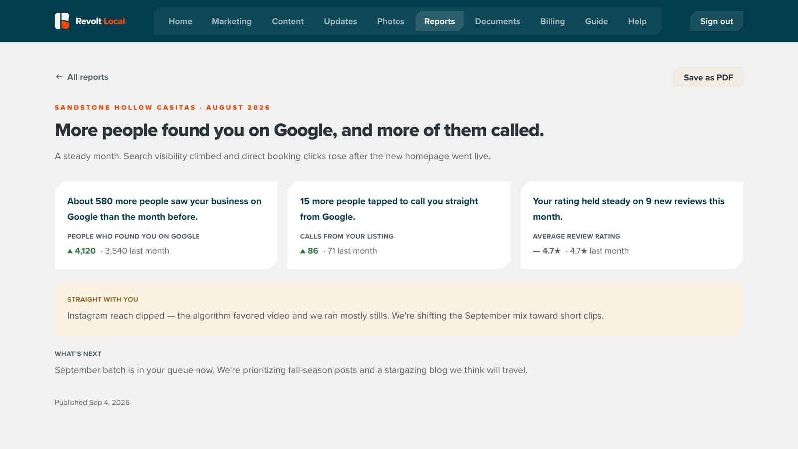 A one-page monthly report in plain language