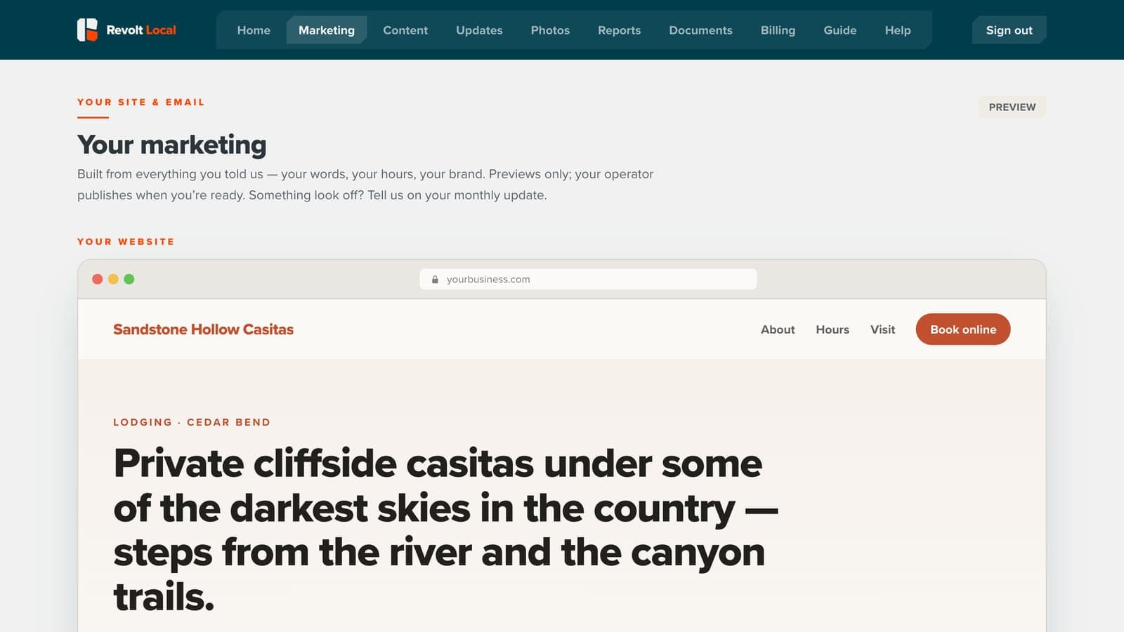 A business website preview inside Revolt Local